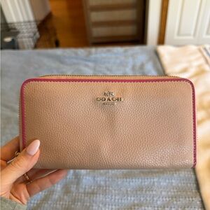 Coach Pebbled Leather Zip Wallet in Taupe with Pink Trim